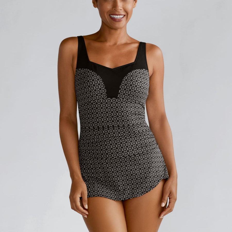 black white amoena ayon sarong swimsuit front view