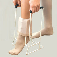person using a jobst stocking donner to put on beige compression socks