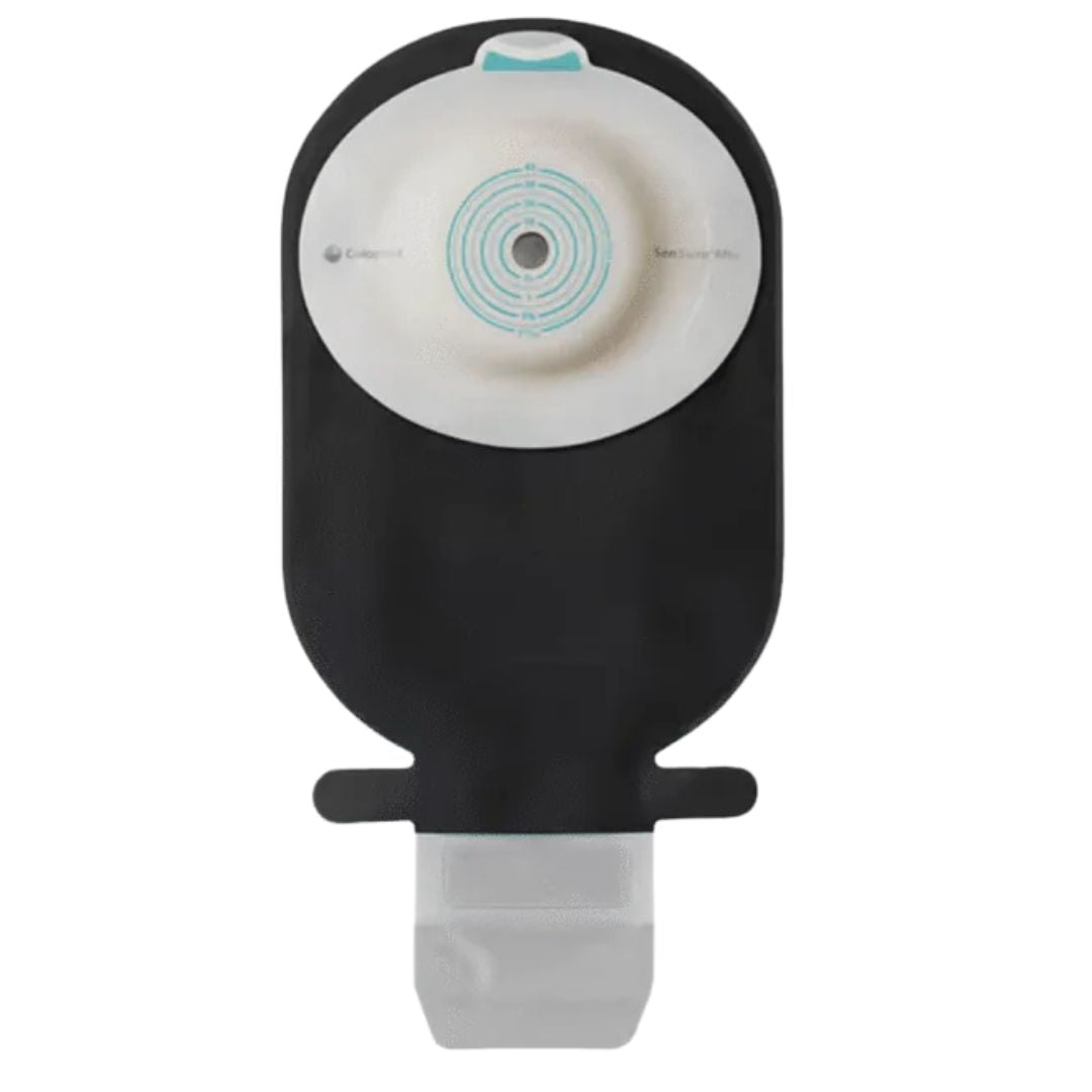 Coloplast SenSura Mio Black One Piece Drainable Pouch, Maxi, with Filter, Convex Soft Barrier, Cut to Fit. Front view