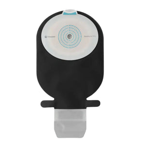 Coloplast SenSura Mio Black One Piece Drainable Pouch, Midi, with Filter, Flat/Non Convex Barrier, Cut to Fit. Front view