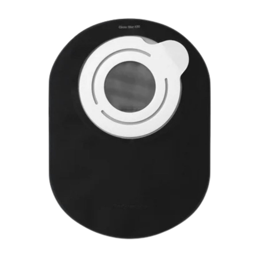 front view of coloplast sensura mio black flex 2 piece closed pouch