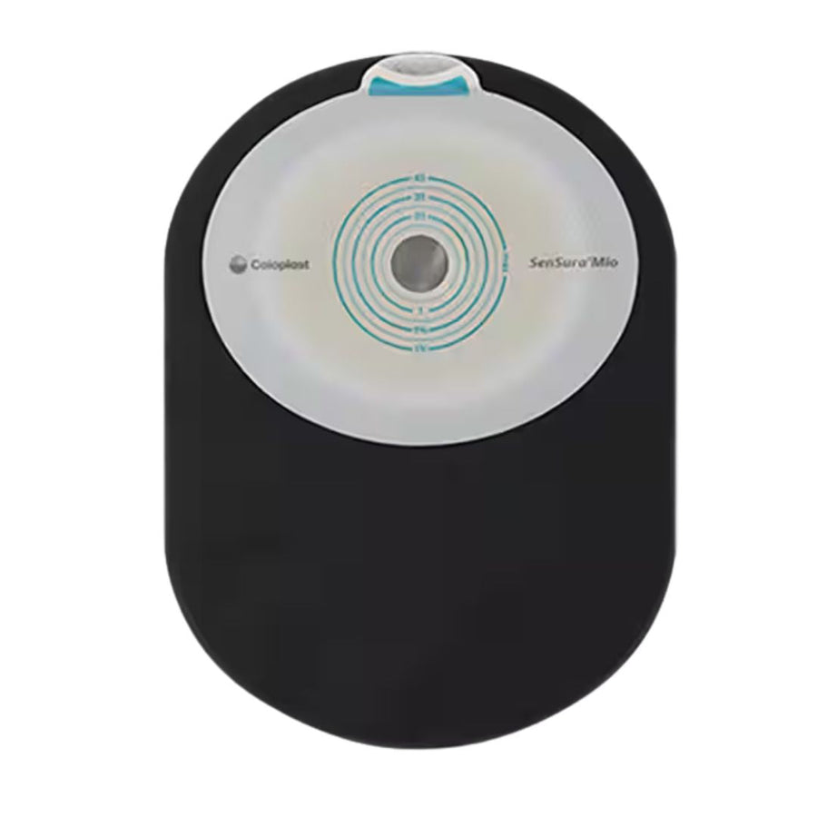 Coloplast SenSura Mio Black One Piece Closed Pouch, with Filter, Maxi, Flat/Non-Convex Barrier, Cut to Fit. Front view