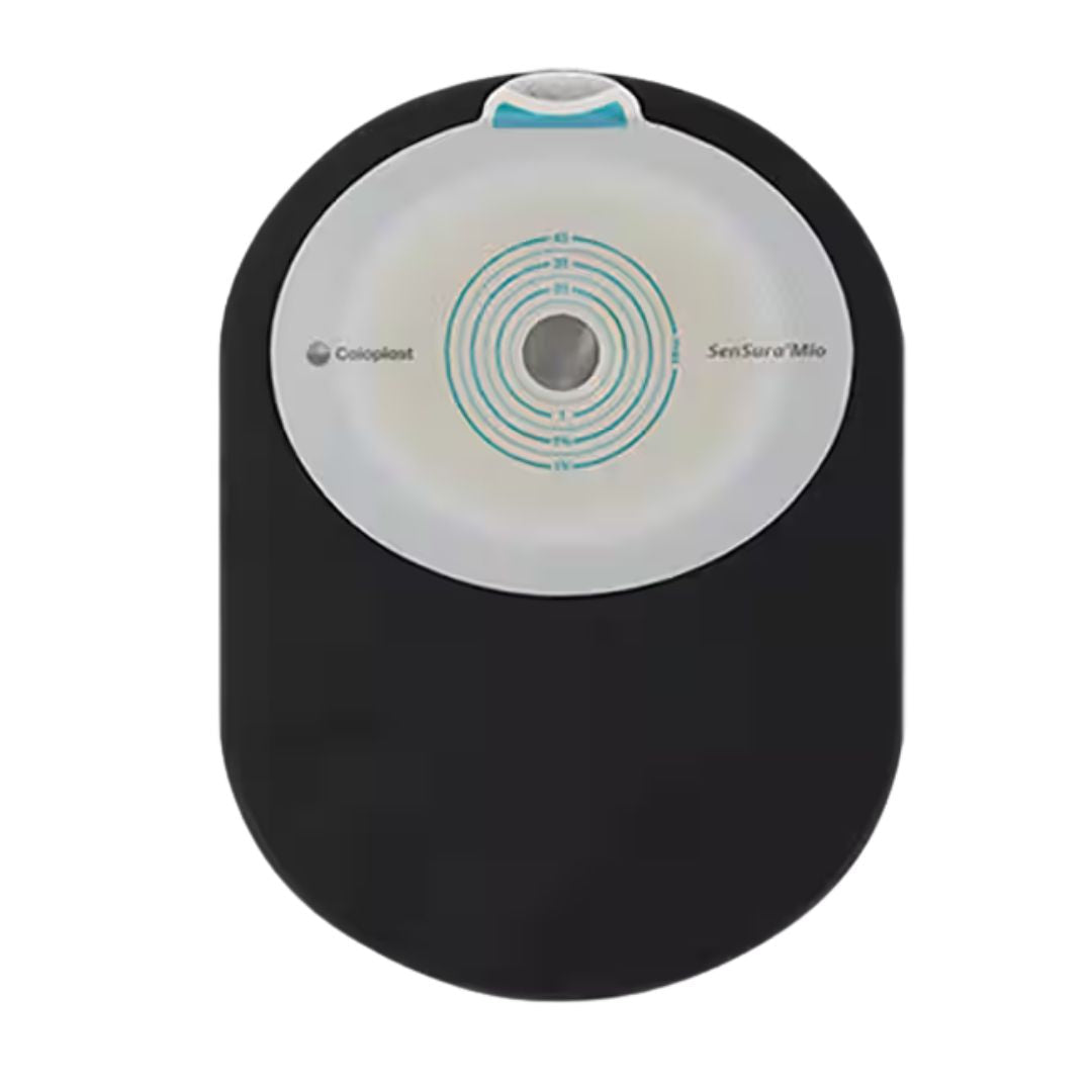 Coloplast SenSura Mio Black One Piece Closed Pouch, with Filter,Midi, Flat/Non-Convex, Cut to Fit. Front view