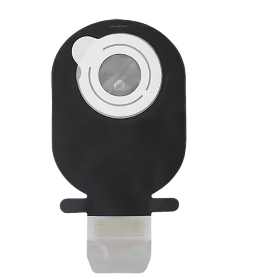 Coloplast Sensura Mio Black Flex Drainable Pouch, Maxi or Midi, with Filter, front view.