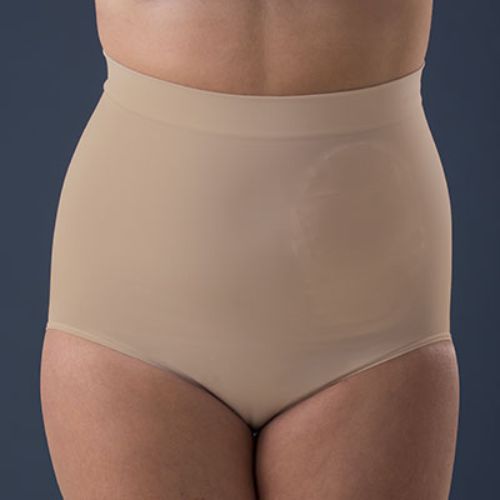 Close up of woman wearing a Corsinel brief, medium suppport in beige.