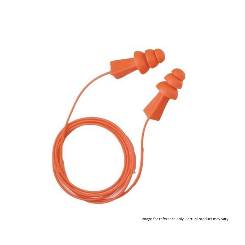 Corded tri-fit ear plugs in orange colour. Image for reference.