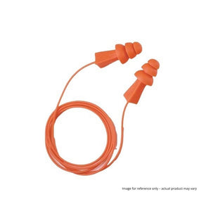 Corded tri-fit ear plugs in orange colour. Image for reference.