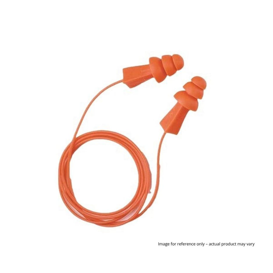 Corded tri-fit ear plugs in orange colour. Image for reference.