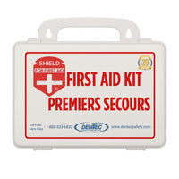 White first aid kit in plastic case by Dentec on a white background