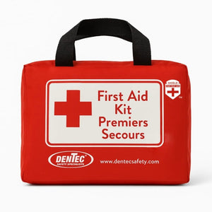 Red first aid kit by Dentec on a white background