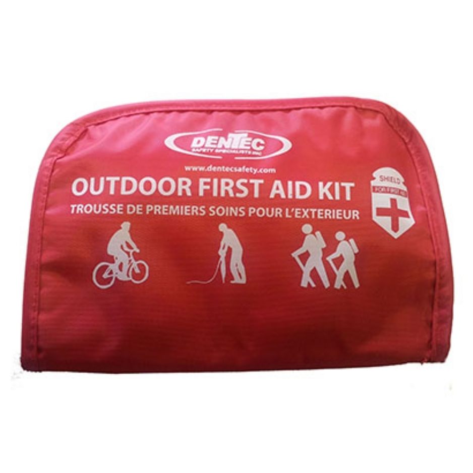 Red first aid kit for outdoors by Dentec on a white background