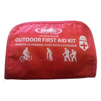 Red first aid kit for outdoors by Dentec on a white background