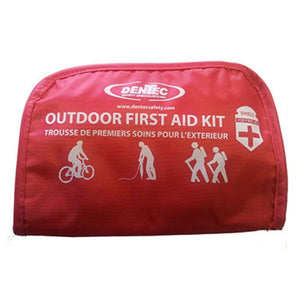Red first aid kit for outdoors by Dentec on a white background