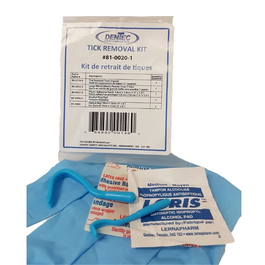 close up package of the Dentec Tick Removal Kit with content inside the bag