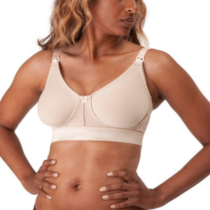 Model wearing champagne Design Veronique Wireless Contouring Support Bra with Self-Adjusting Quick-Release Drop Cups