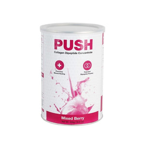 A tin can of push collagen dipeptide concentrate in mixed berry