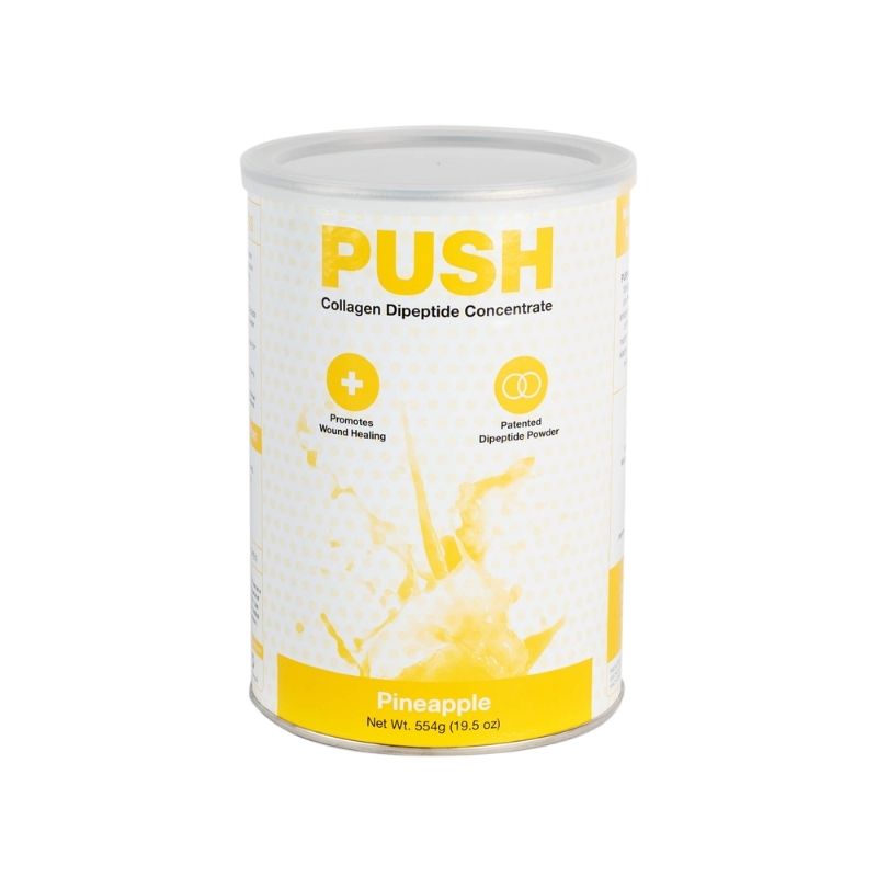 A tin can of push collagen dipeptide concentrate in pineapple
