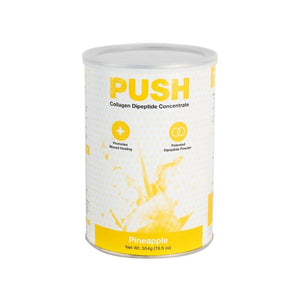 A tin can of push collagen dipeptide concentrate in pineapple
