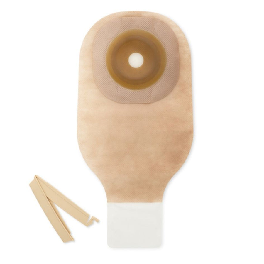 Hollister Premier One Piece Mini Drainable Ostomy Pouch with Clamp Closure, no Filter, with Tape Border, Transparent or Beige, Flat Flextend Barrier, Presized or Cut to Fit (10/Box)