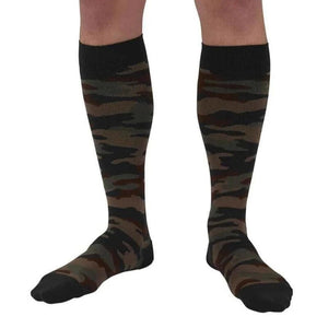 leg wearing medi rejuva high knee compression sock in camo green colour, front view