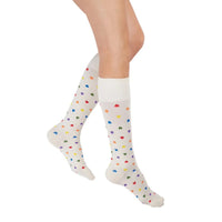 leg wearing medi rejuva high knee compression sock in heart multicolour colour, side view