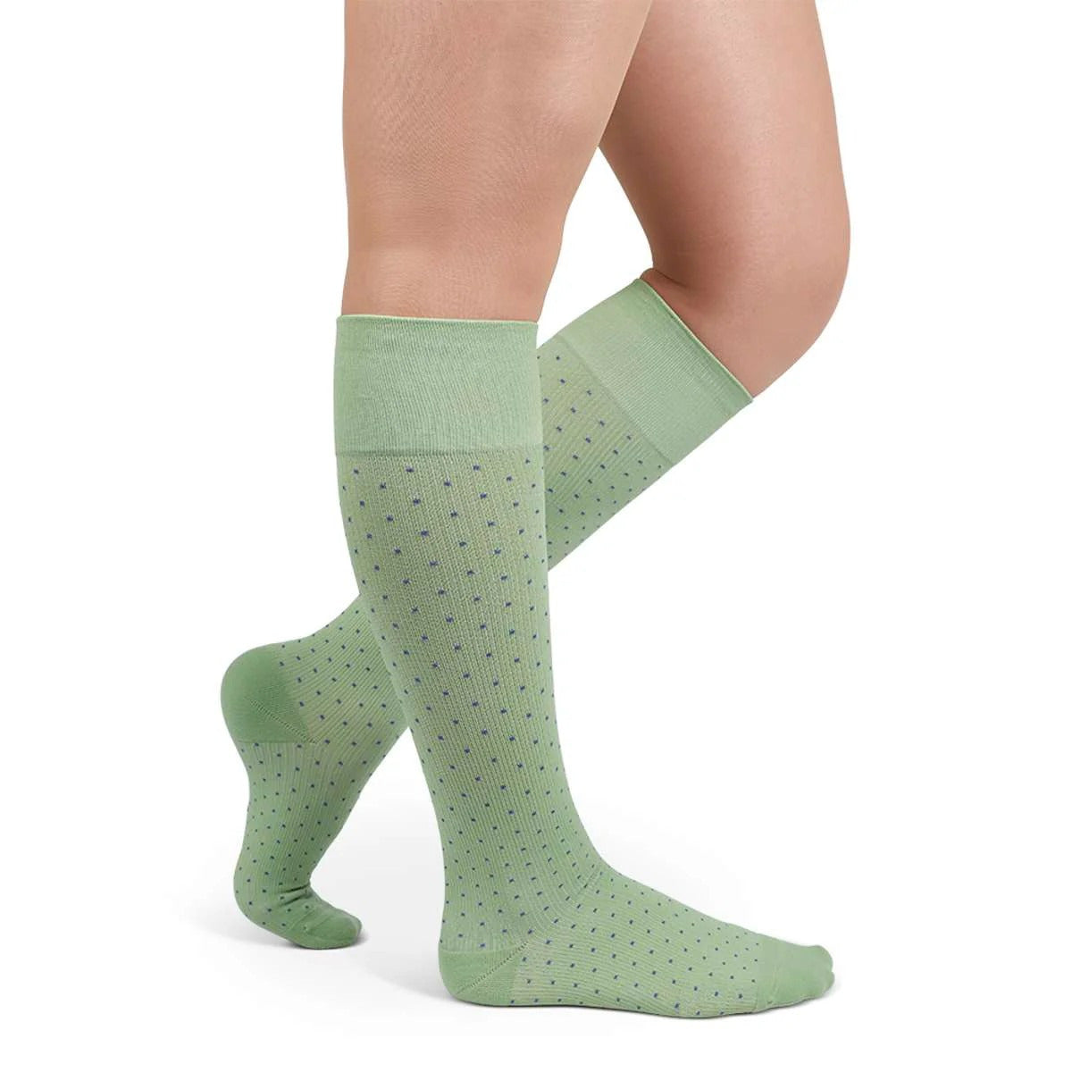 medi-kspt1-rejuva-compression-sock-15-20-mmhg-high-knee-spot-green-navy-unisex-1-side-view