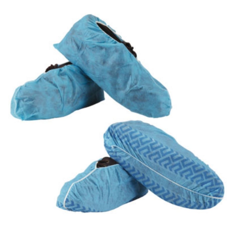Two pairs of shoe covers, covering a shoe.