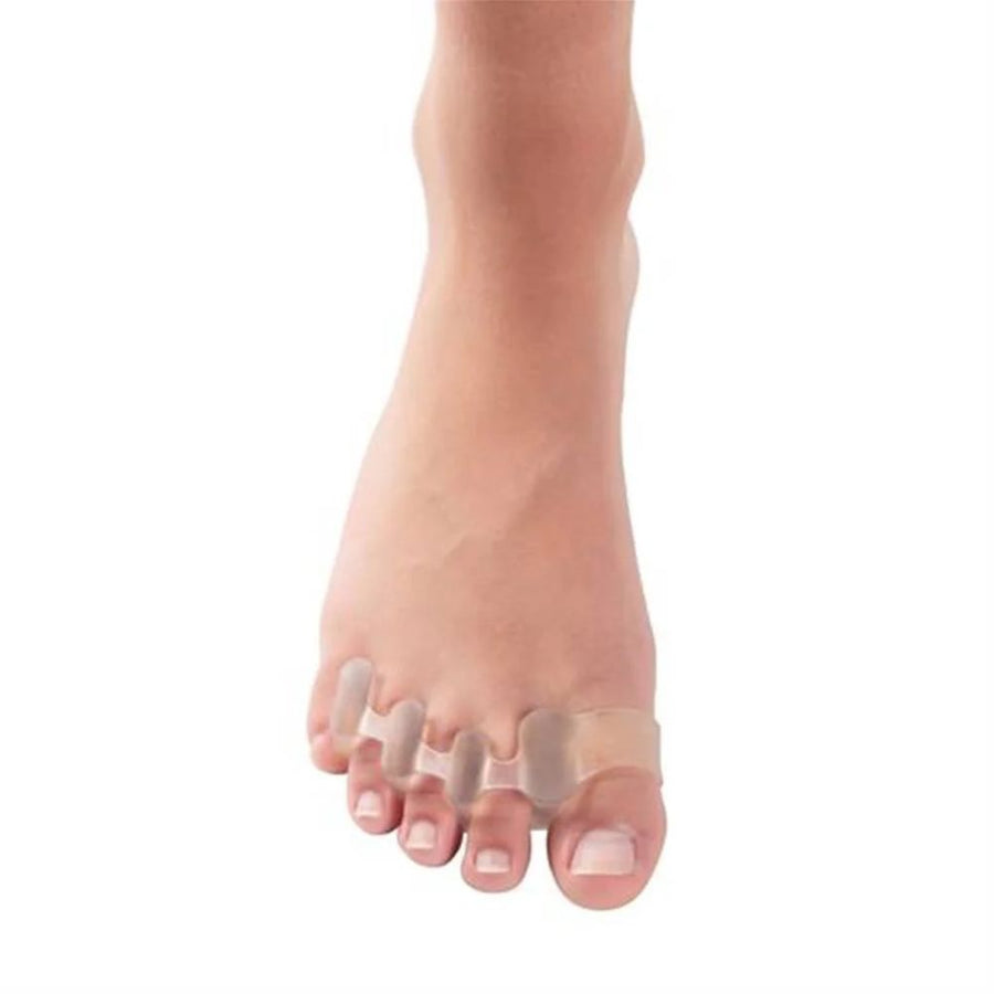 Top view of a foot model wearing the Pedifix 5-ToeBuddy Visco-GEL.