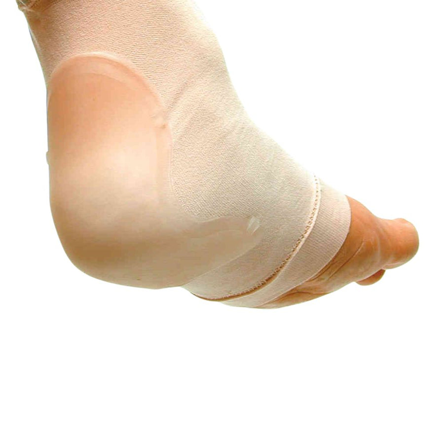 Foot model wearing the Pedifix Achilles Protection Sleeve Visco-GEL, showing us the back of the foot where the gel is.