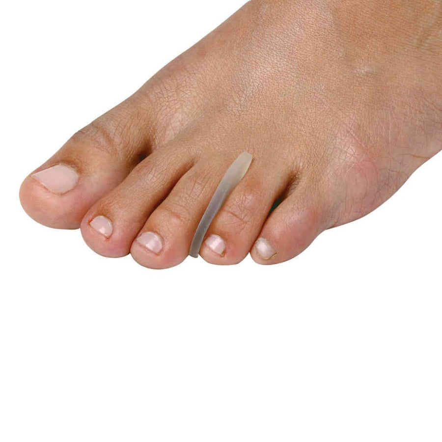 Foot model using the Pedifix Toe Separators Visco-GEL, in-between the middle and fourth toe.