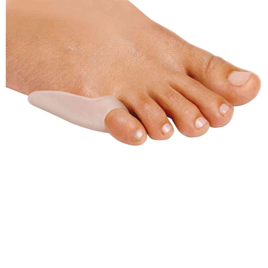 Foot model wearing the Pedifix Little Toe Bunion Guard Visco-GEL, on the right foot.