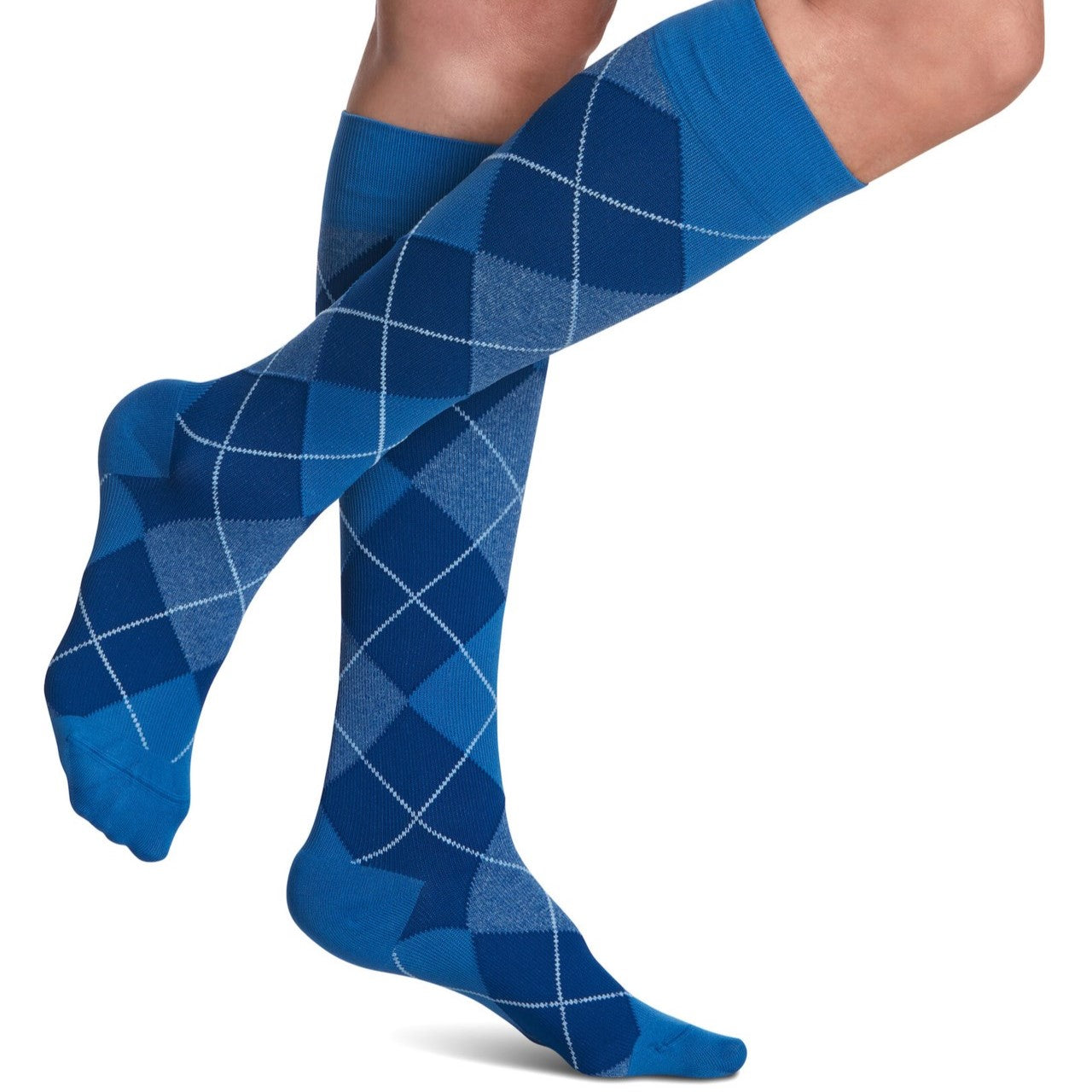 sigvaris-143-microfibre-shades-compression-sock-knee-high-15-20-mmhg-women-royal-blue-argyle-1-side-view