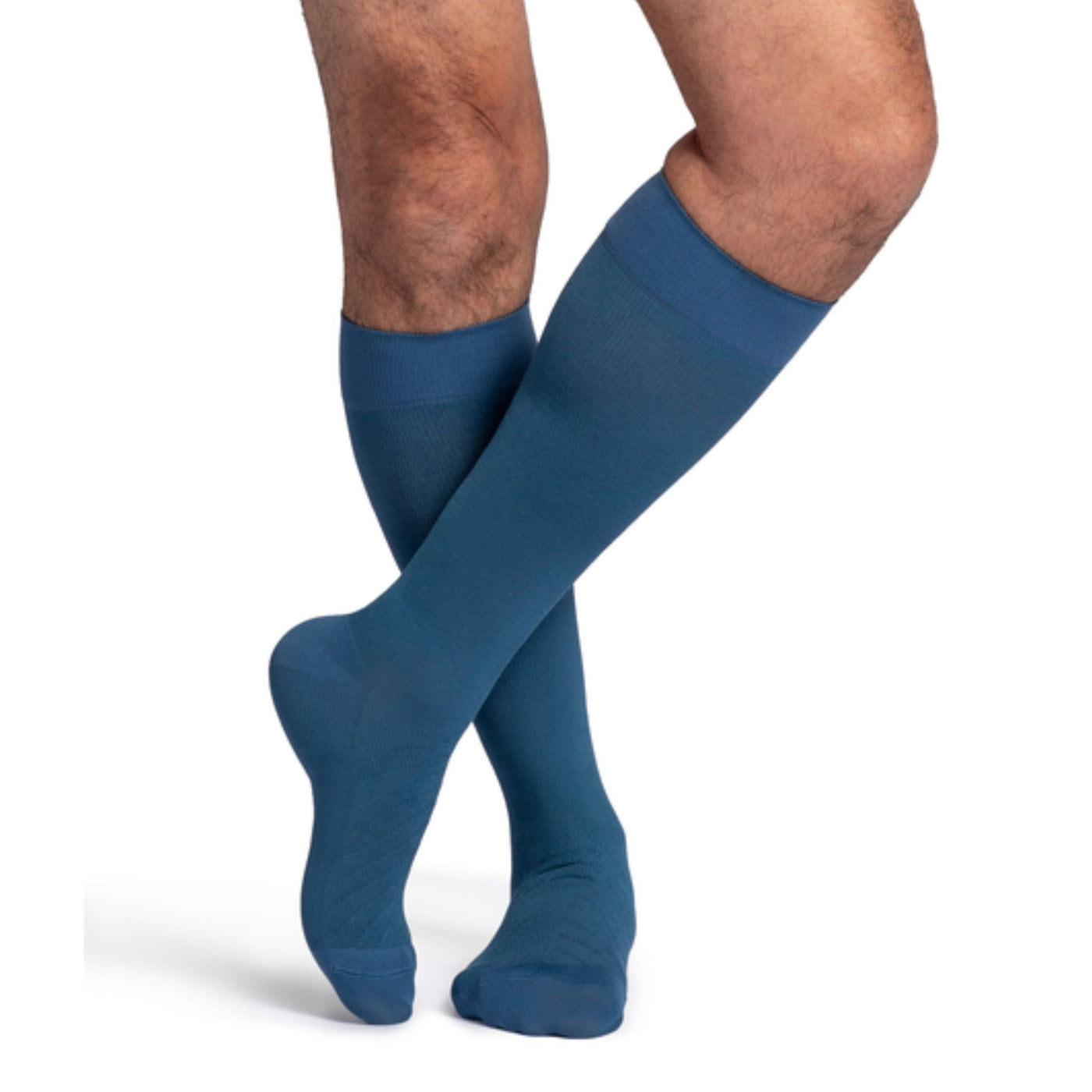 Sigvaris 262 bamboo compression sock knee high front view, in stone blue.