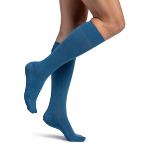 Sigvaris 262 bamboo compression sock knee high side view, in stone blue.