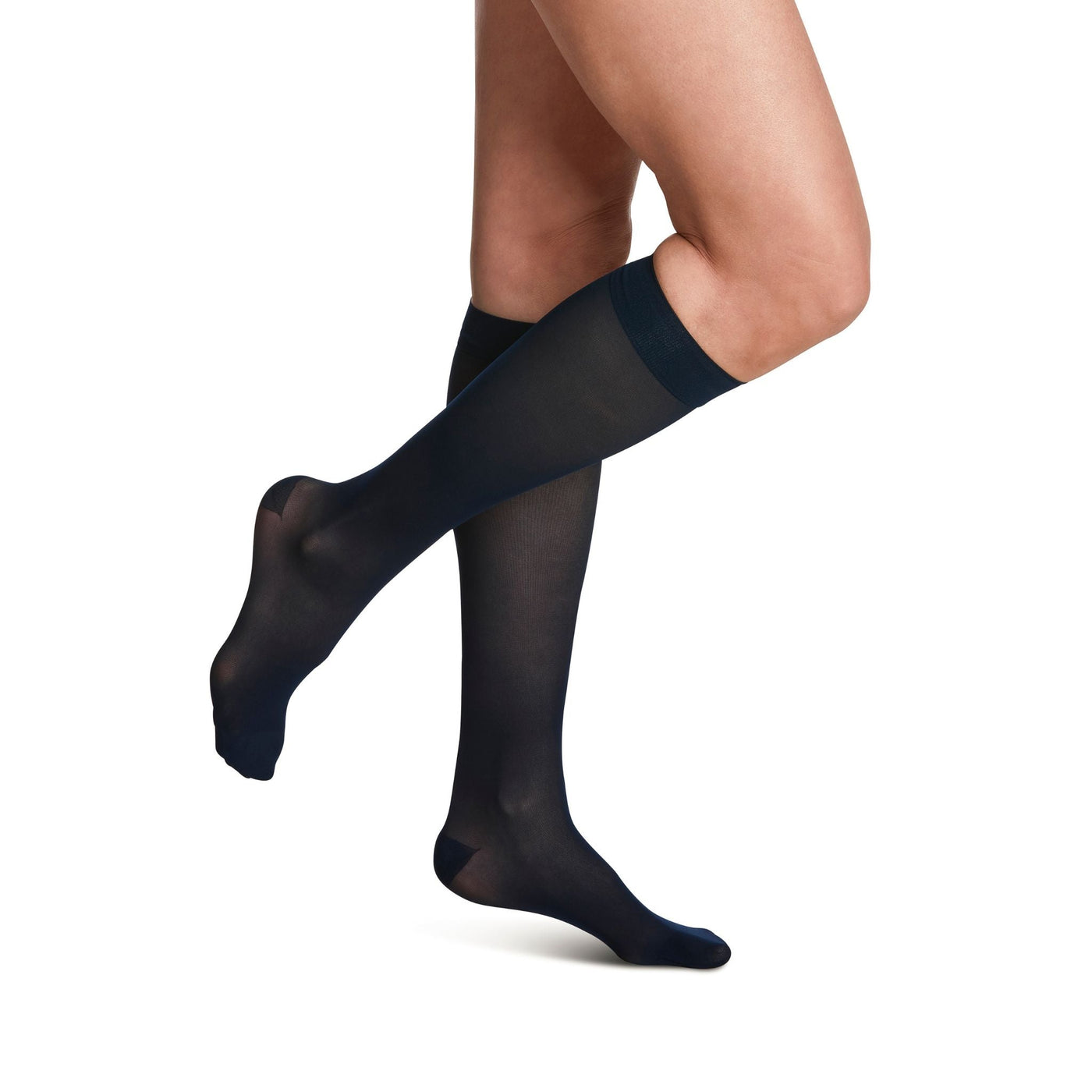 side view of closed toe dark navy sheer compression socks