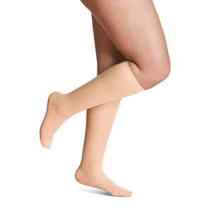 side view of closed toe warm sand sheer compression socks