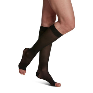 side view of open toe black sheer compression socks