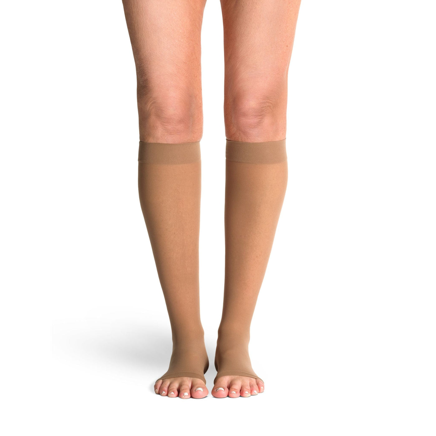 front view of open toed café sheer compression socks