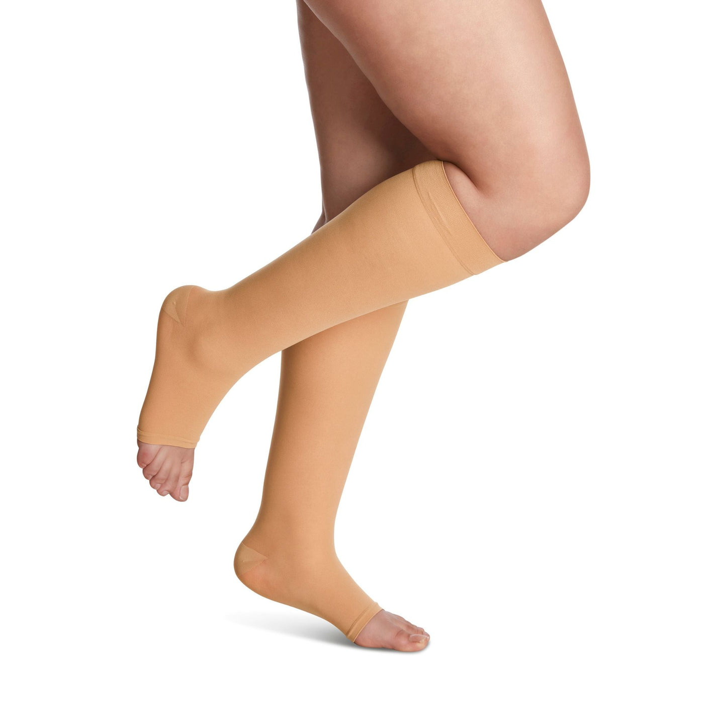 side view of open toe golden sheer compression socks