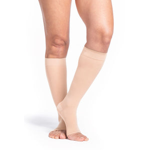 side view of open toe honey sheer compression socks
