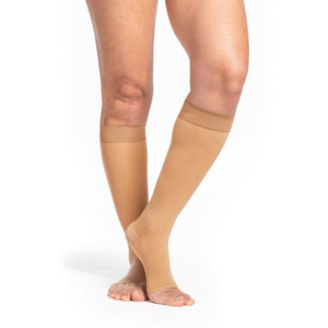 side view of open toe toasted almond sheer compression socks