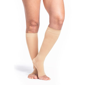 side view of open toe warm sand sheer compression socks