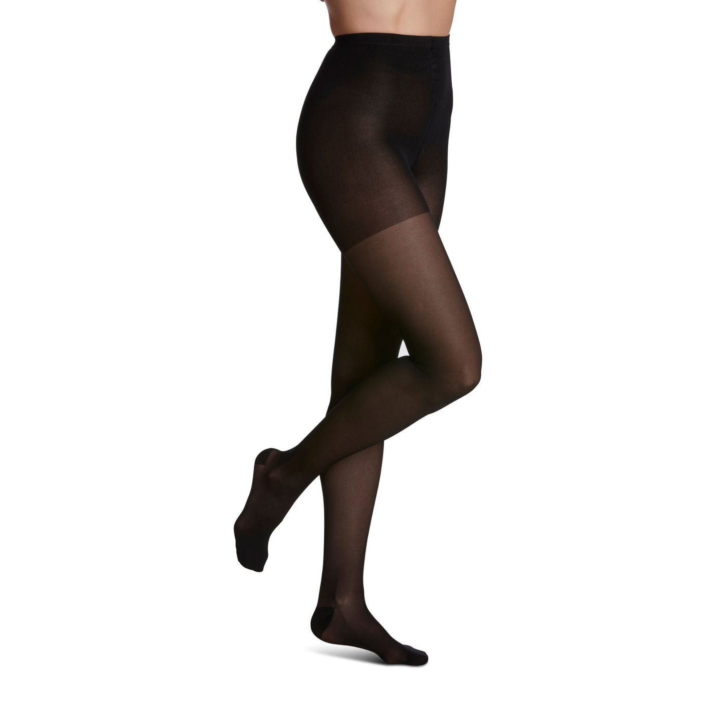 side view of closed toe black pantyhose sheer compression socks