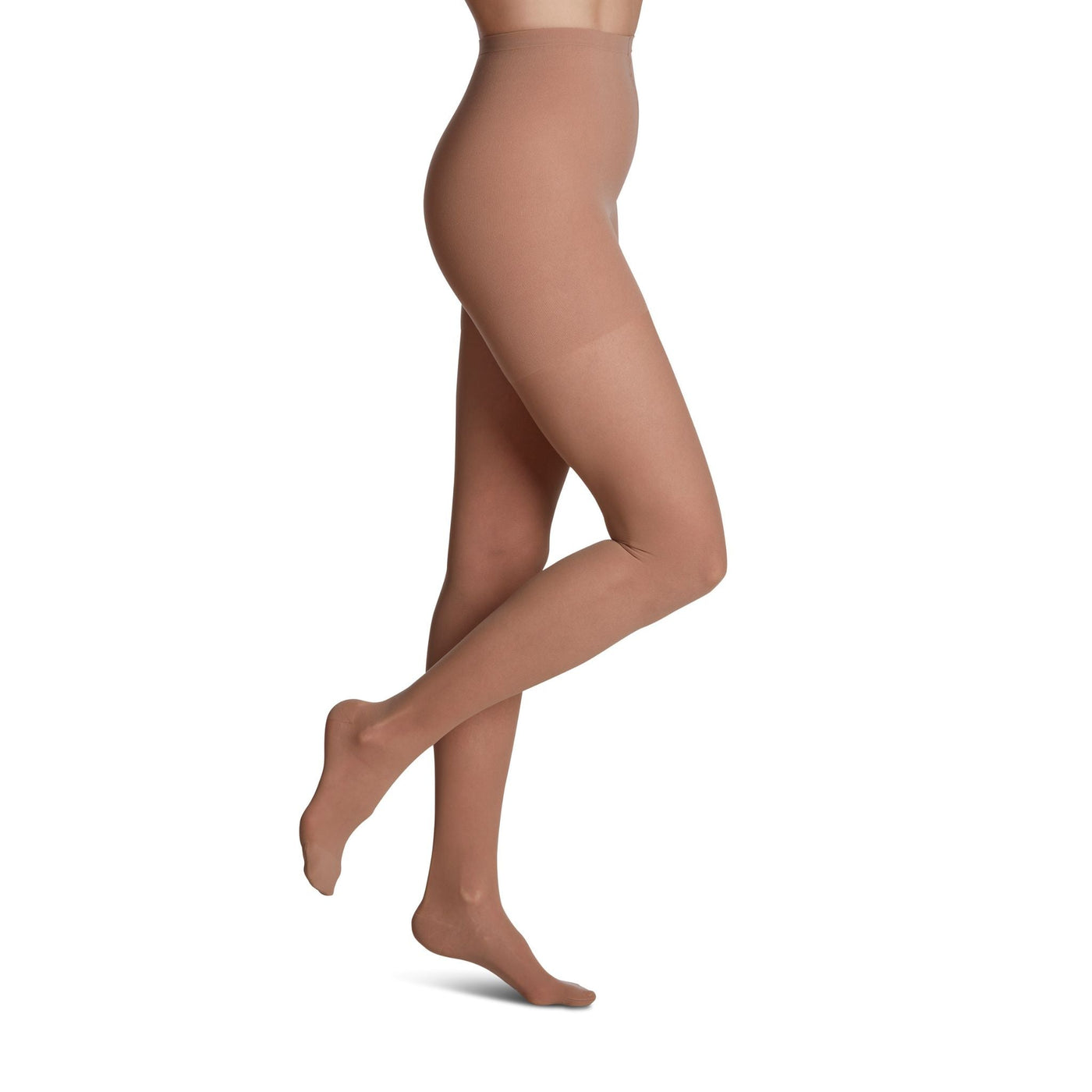 side view of closed toe toasted almond pantyhose sheer compression socks