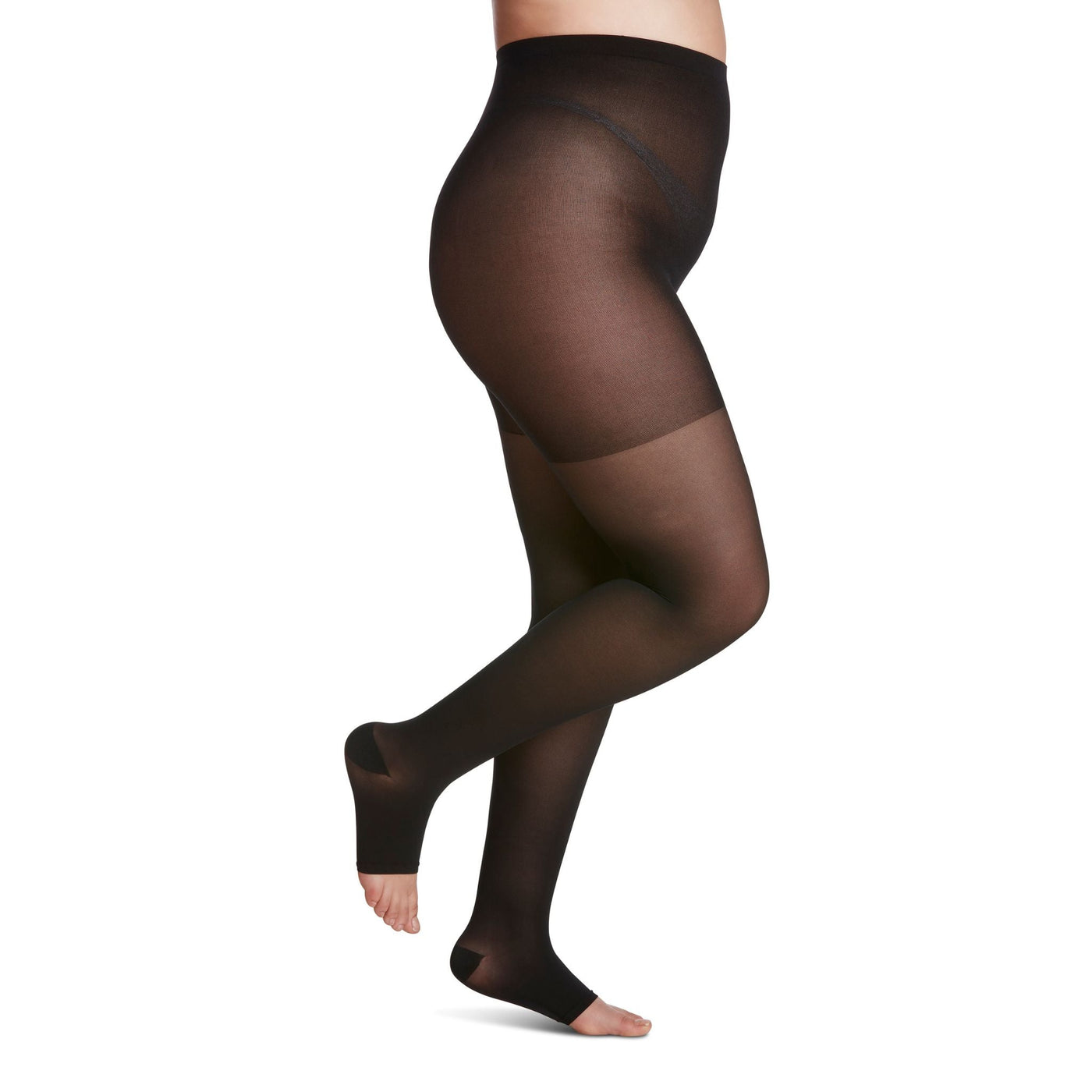 side view of open toe black pantyhose sheer compression socks