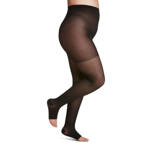 side view of open toe black pantyhose sheer compression socks