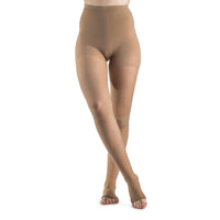 front view of open toe golden pantyhose sheer compression socks