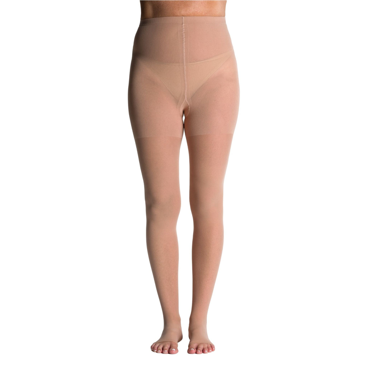 front view of open toe warm sand compression pantyhose