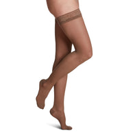 side view of closed toe cafe thigh high sheer compression socks