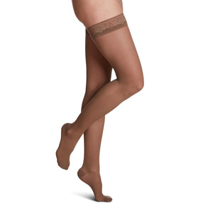 side view of closed toe cafe thigh high sheer compression socks
